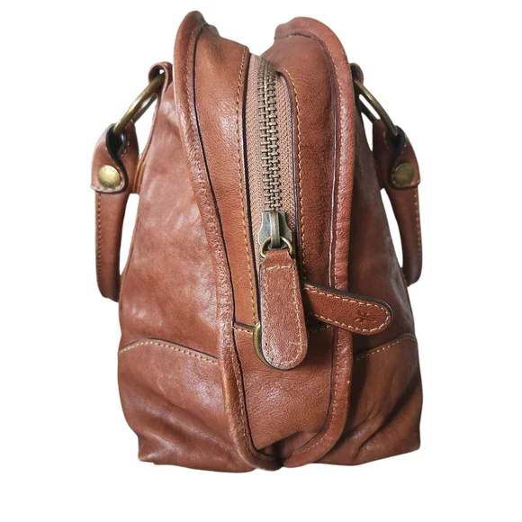 FRYE Melissa Dark Brown CognacDomed Leather Satchel Bag Double Rolled Handles - Picture 4 of 13